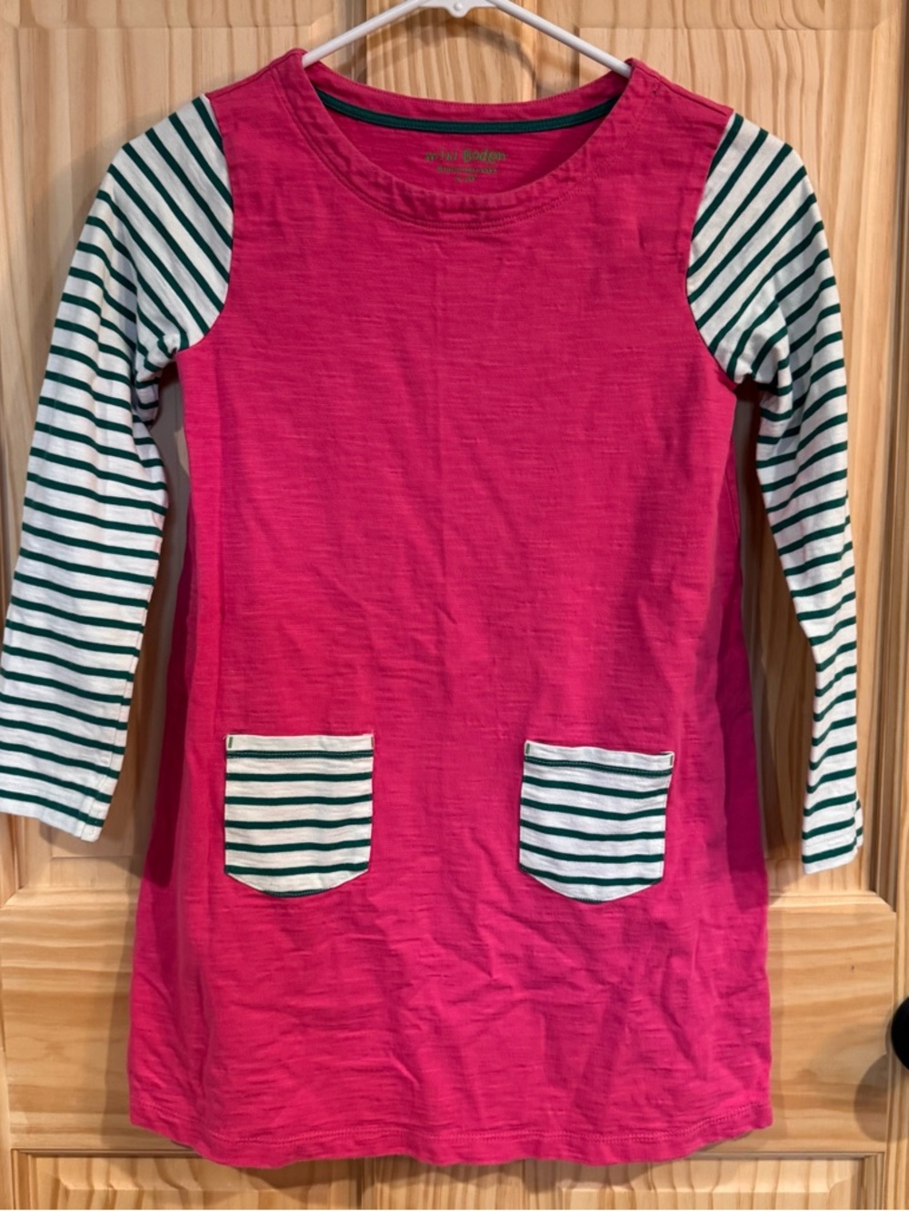 Mini Boden Girls Pink Green Striped Long Sleeve Pocket Cotton Dress‎ Size 9-10Y